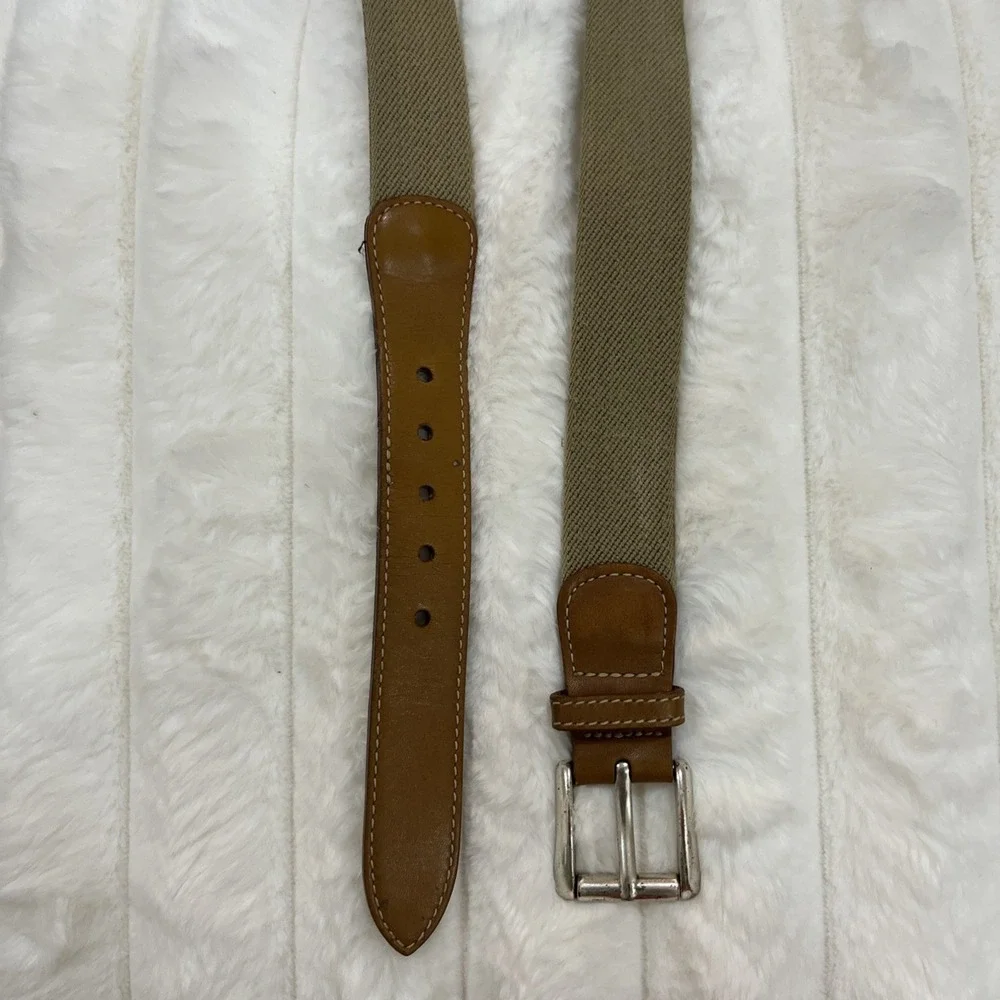 L.L. Bean‎ Stretch Canvas Belt Mens 46 Brown Leather Trim Khaki Woven Excellent